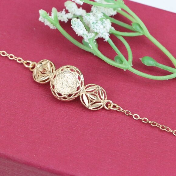 "Rose Gold Bracelet with Dual Leaf & Coin Pattern, XPBL1083 - Picture 12 of 13